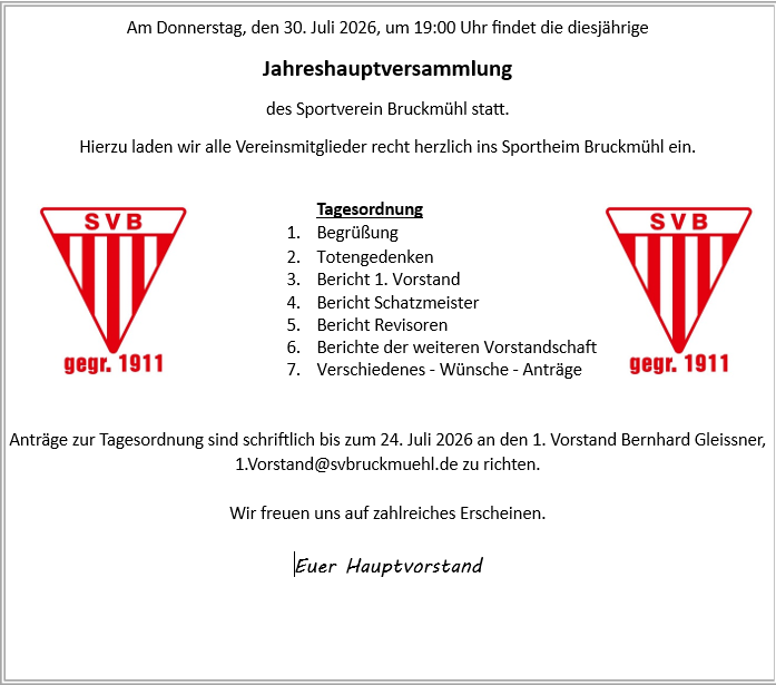 Einladung zur Jahreshauptversammlung des Sportvereins Bruckmühl